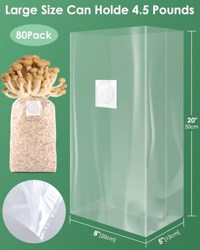 80 Rely Mushroom Cultivation Luggage with Microporous Filter Patches, 8"x5"x20" Massive Further Thick 3 Mil Spawn Luggage, Sturdy Autoclavable Substrate Luggage in Bulk